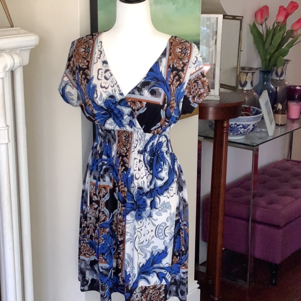 Blue and White Flutter Sleeve Wrap Midi Dress